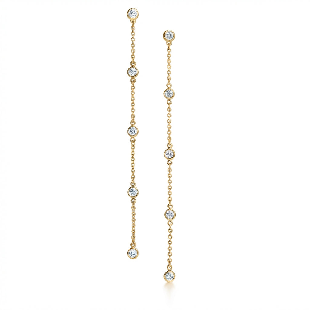 Round Bezel Diamond By-the-Yard Dangle Earrings in Yellow Gold
