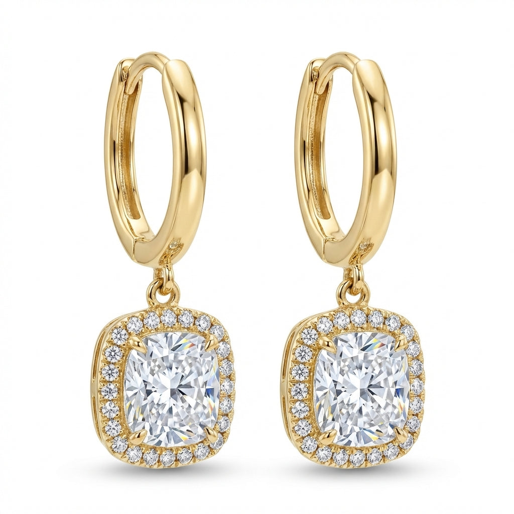 Cushion Cut Diamond Halo Drop Earrings with Plain Gold Hoops