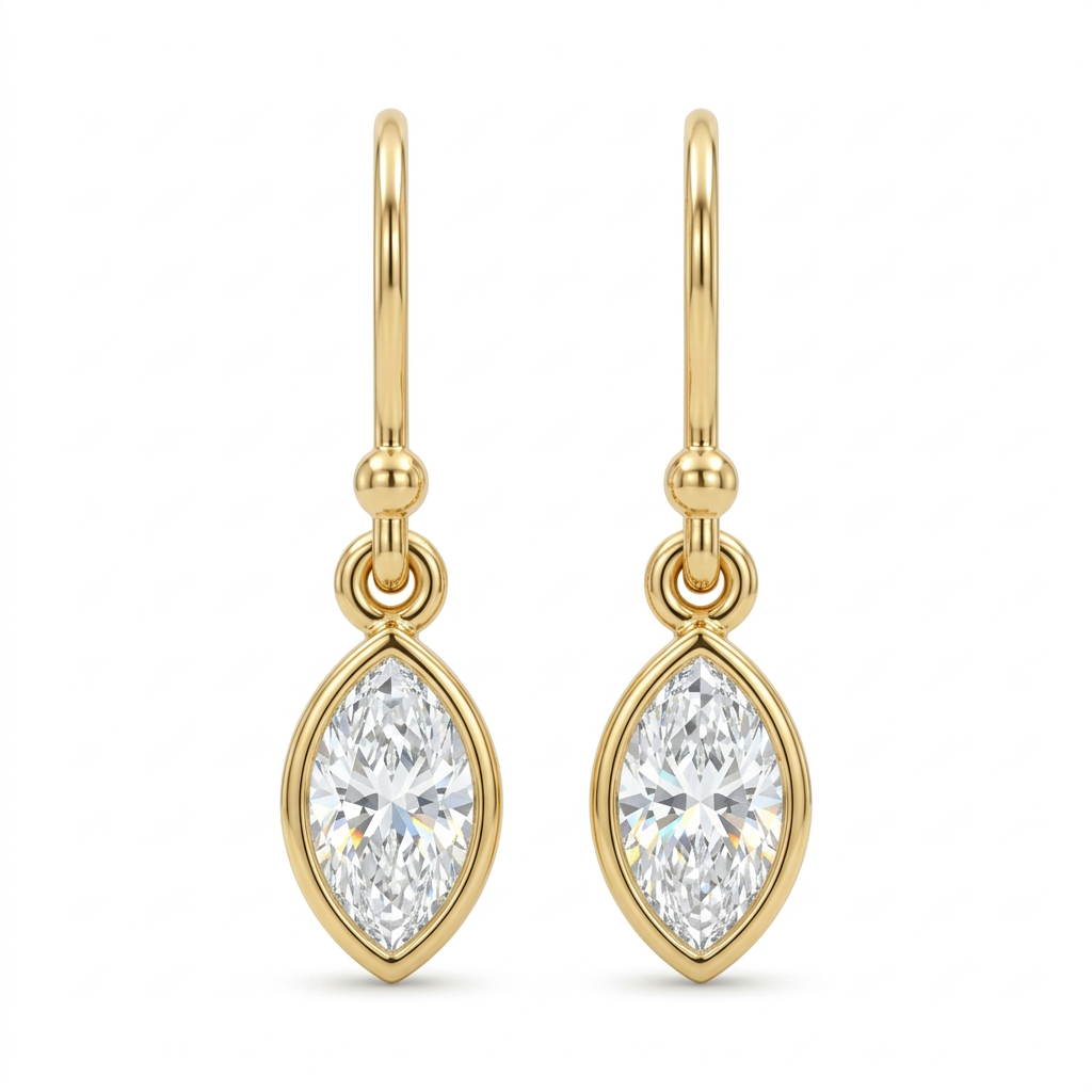 Marquise Cut Bezel Set Yellow Gold Drop Earrings