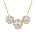 Three-Stone Round Diamond Halo Pendant Necklace in Yellow Gold