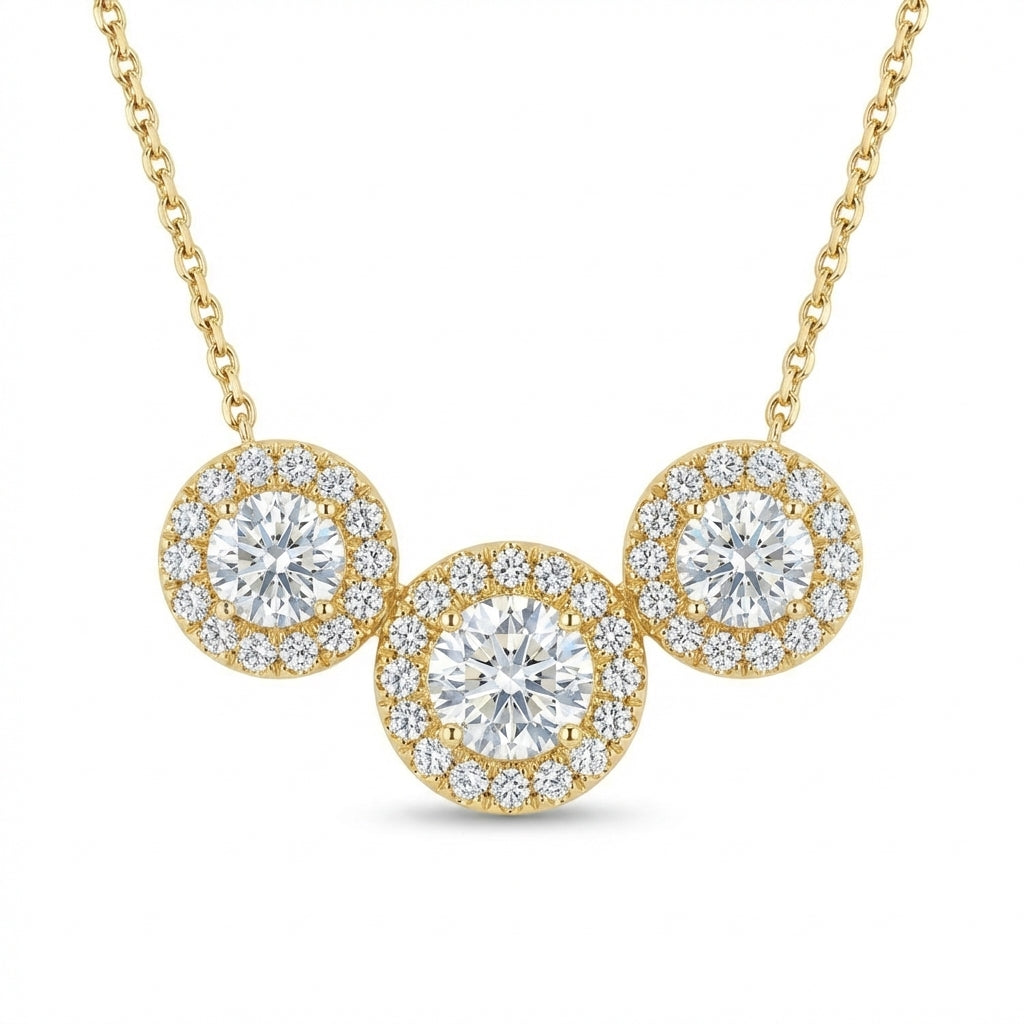 Three-Stone Round Diamond Halo Pendant Necklace in Yellow Gold
