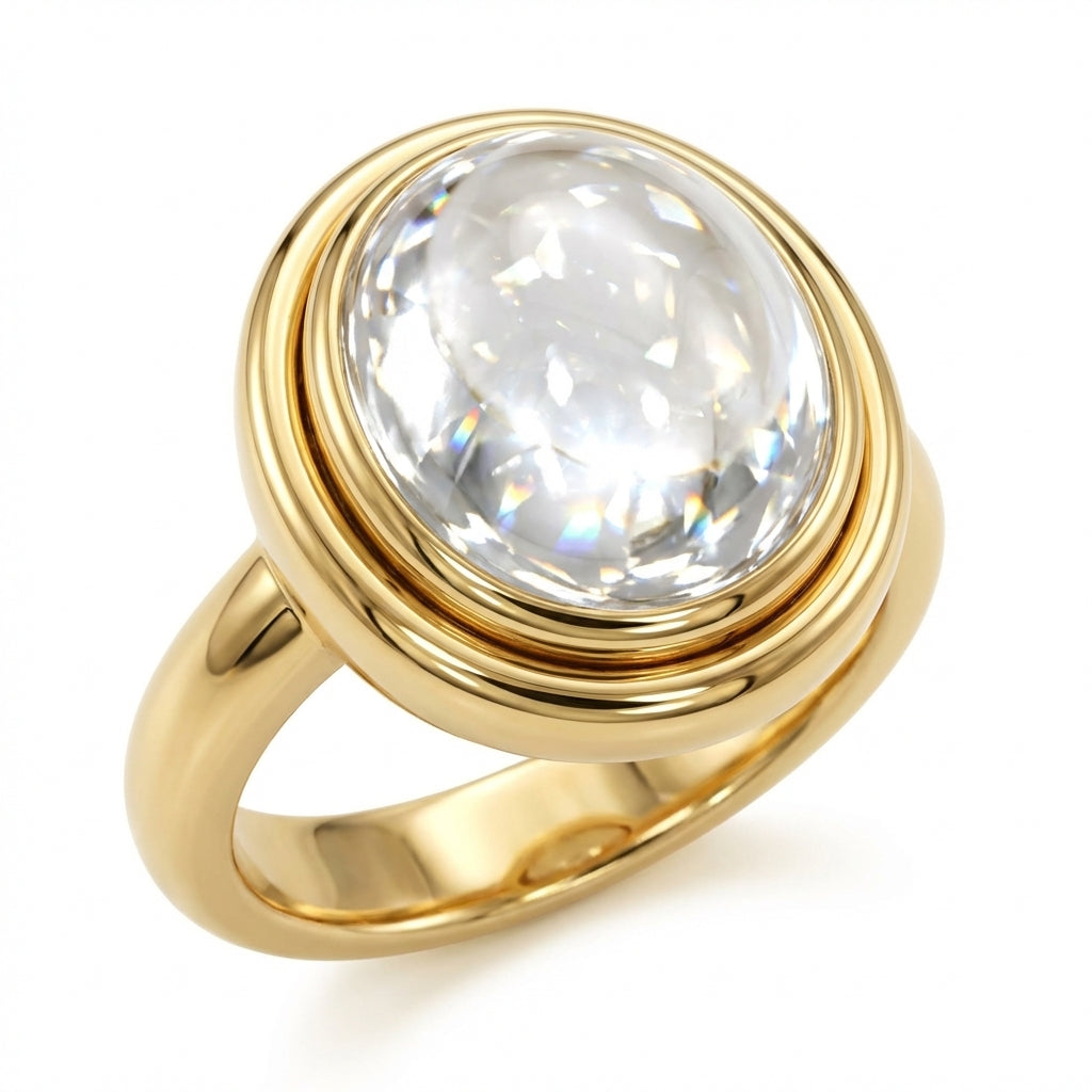 Luxury Oval White Topaz Bezel Ring with Wide Gold Band
