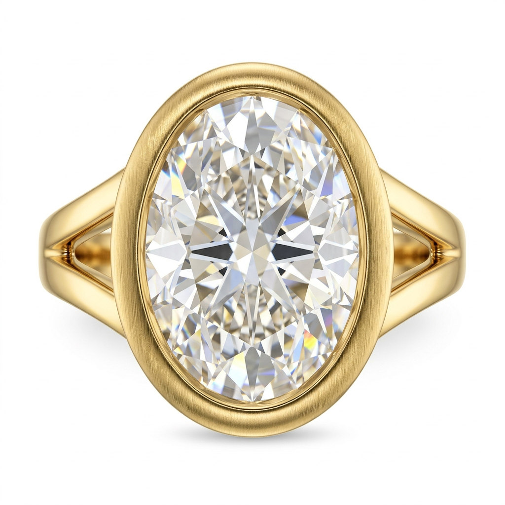 Oval Bezel Set Diamond Ring with Smooth Gold Band - Style 2