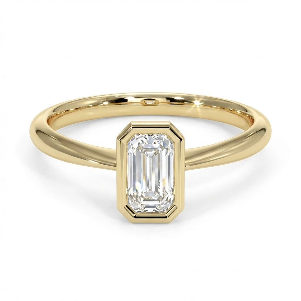Emerald Cut Bezel Set Diamond Ring with Plain Gold Band