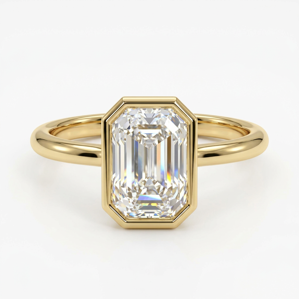 Emerald Cut Bezel Set Diamond Ring with Plain Gold Band