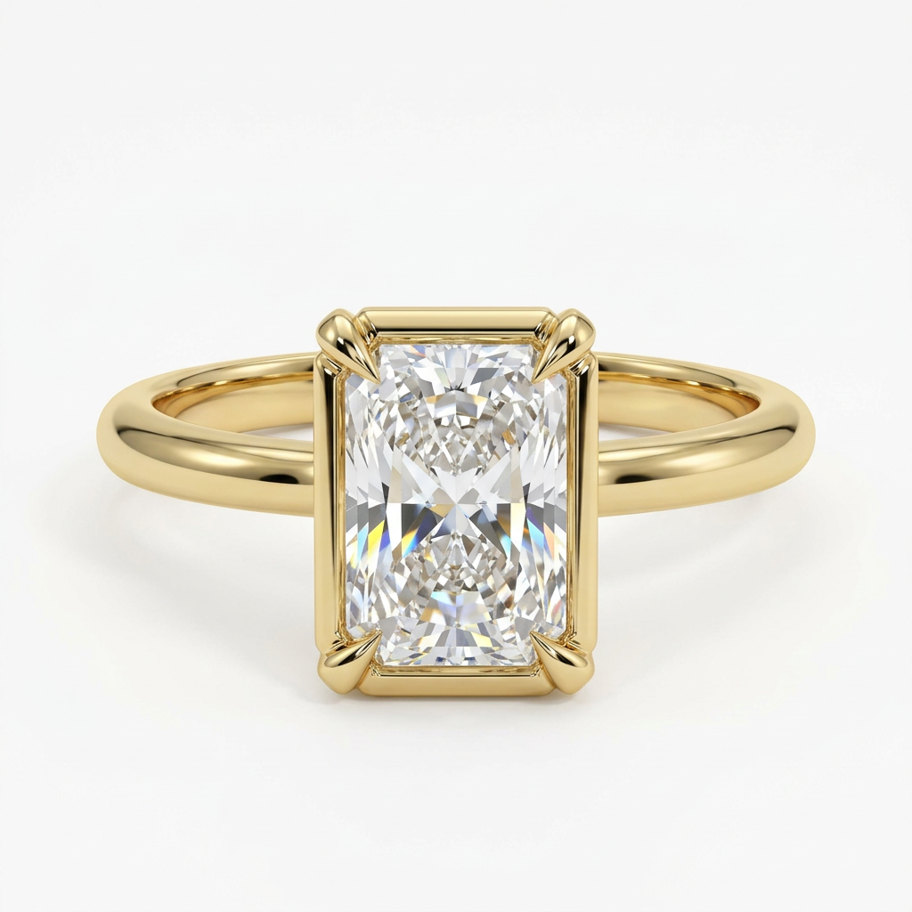 Emerald Cut Bezel Set Diamond Ring with Plain Gold Band