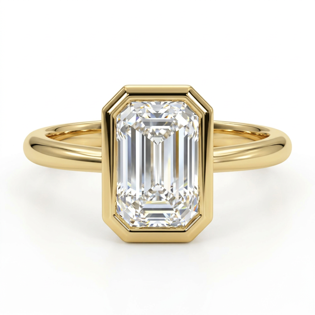 Emerald Cut Bezel Set Diamond Ring with Plain Gold Band