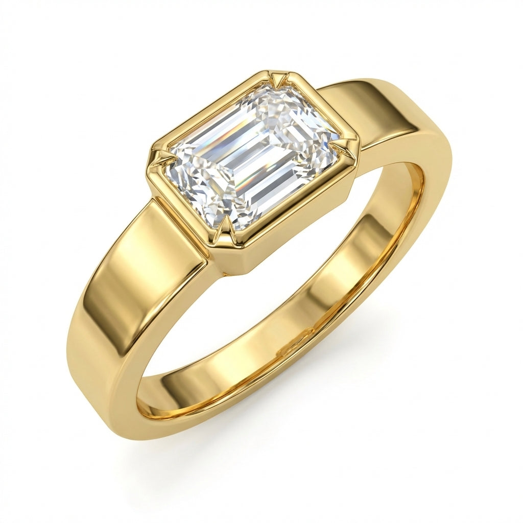 Emerald Cut Diamond Bezel Engagement Ring with Modern Plain Band
