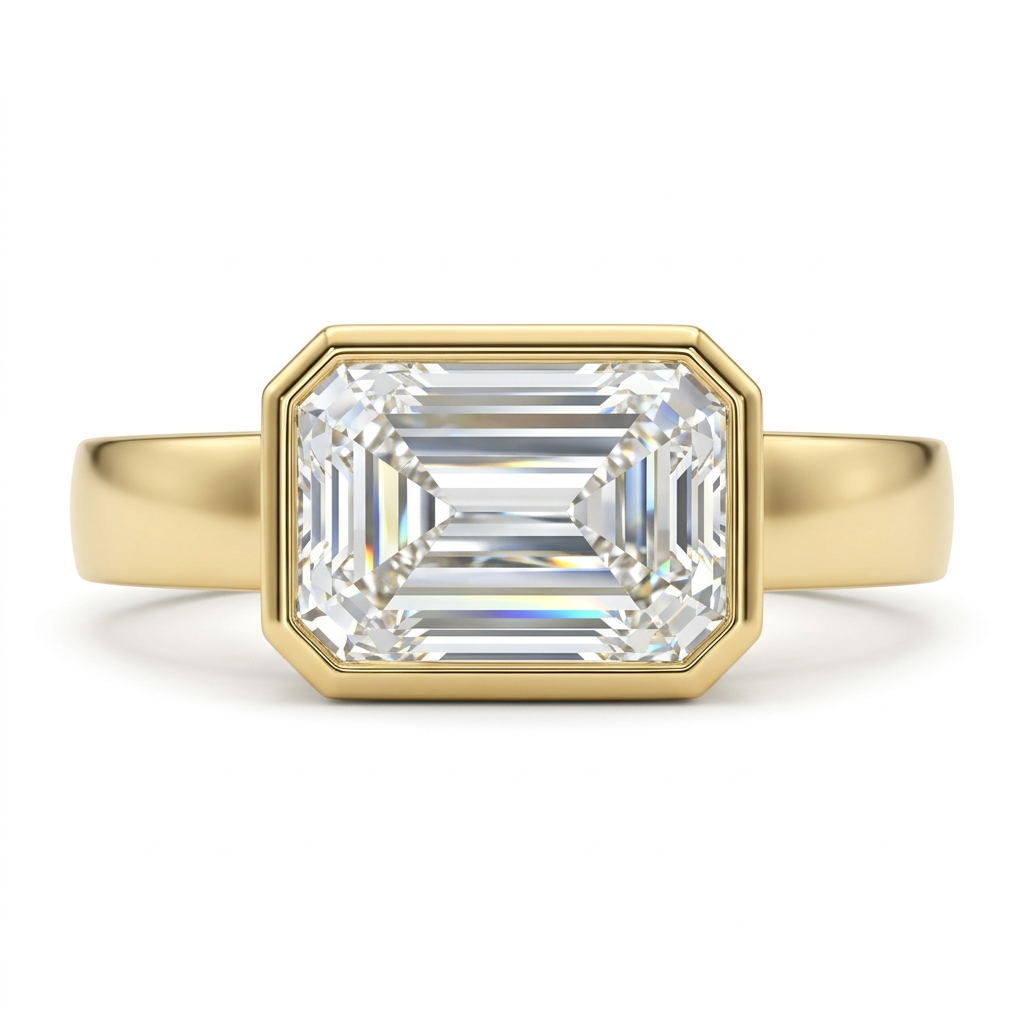 Emerald Cut Diamond Bezel Engagement Ring with Modern Plain Band