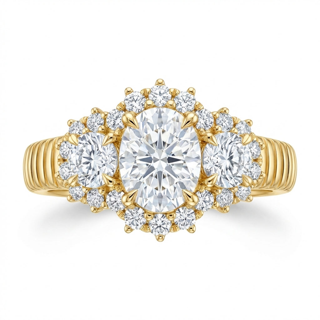 Oval and Round Three-Stone Diamond Engagement Ring with Halos and Fluted Band