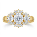 Oval and Round Three-Stone Diamond Engagement Ring with Halos and Fluted Band