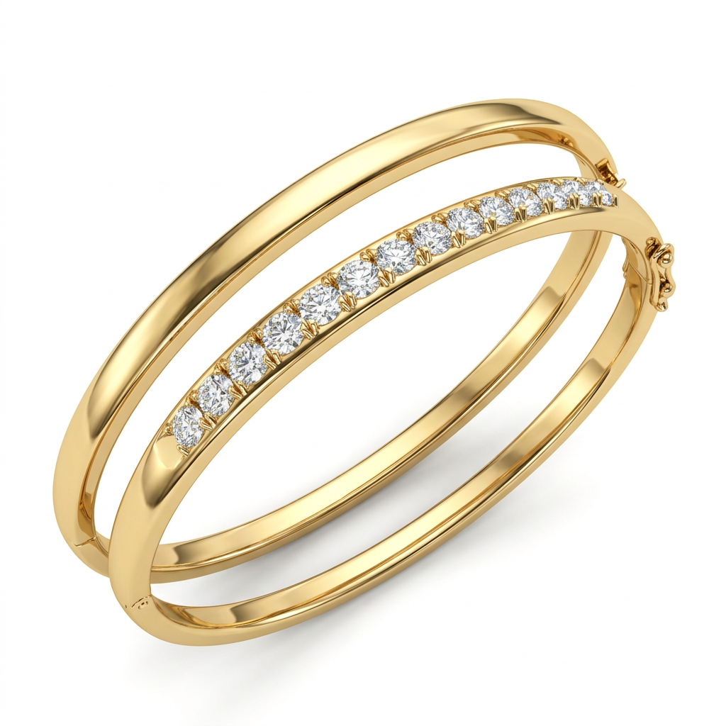 Modern Double Band Yellow Gold Bangle with Channel-Set Round Diamonds