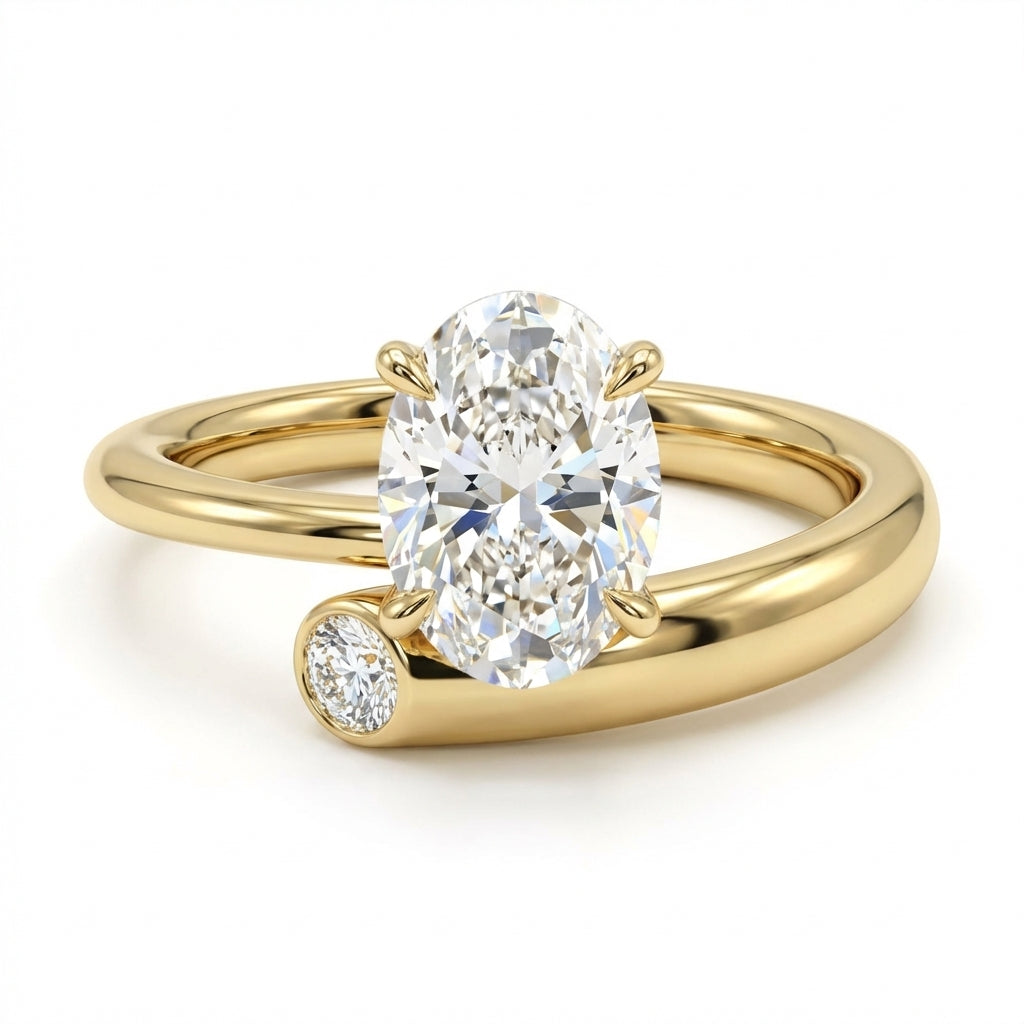 Oval Diamond Bypass Engagement Ring with Bezel Accent Band