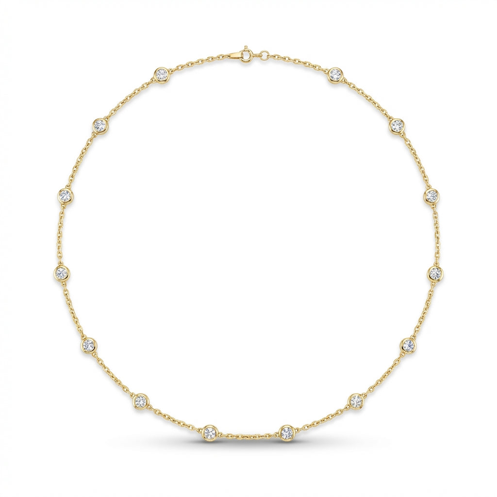 Round Diamond Bezel Set Station Necklace in 14K Yellow Gold