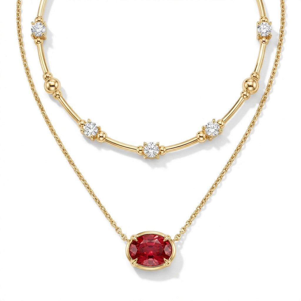 Oval Ruby Bezel Pendant and Diamond Station Layered Gold Necklace
