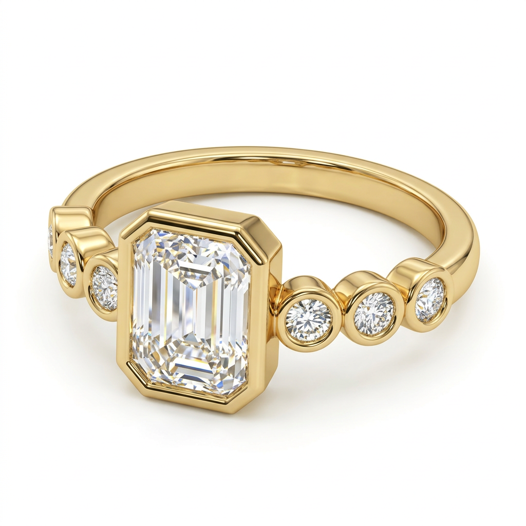 Emerald Cut Bezel Diamond Ring with Bezel Set Accent Diamonds