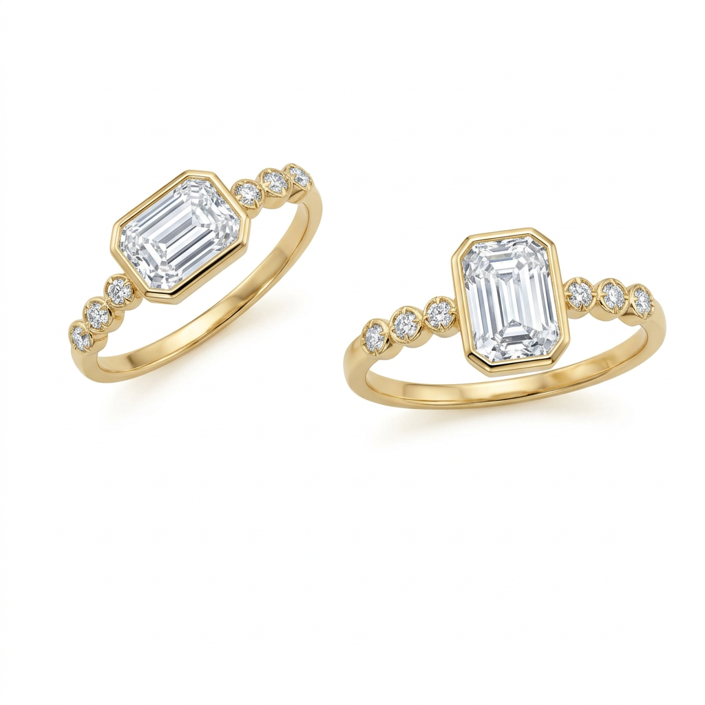 Emerald Cut Bezel Diamond Ring with Bezel Set Accent Diamonds