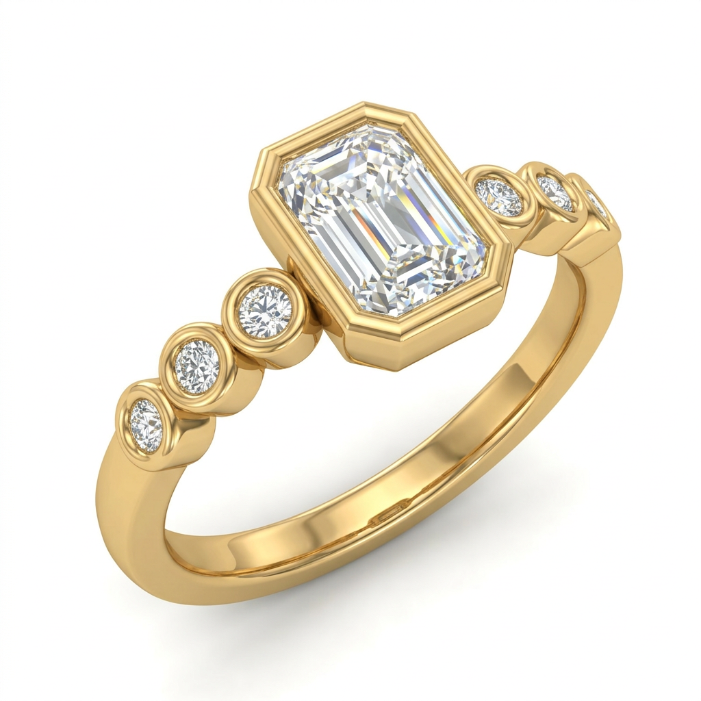 Emerald Cut Bezel Diamond Ring with Bezel Set Accent Diamonds