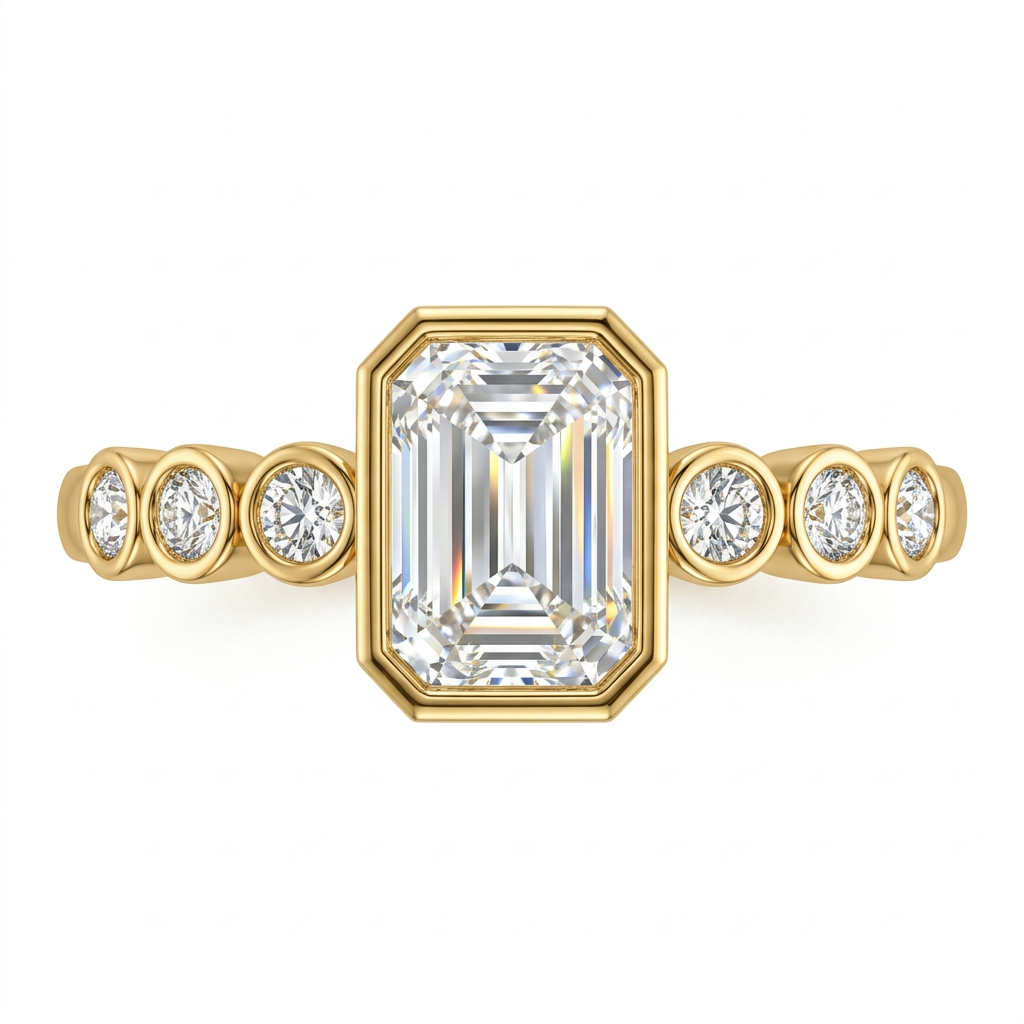 Emerald Cut Bezel Diamond Ring with Bezel Set Accent Diamonds
