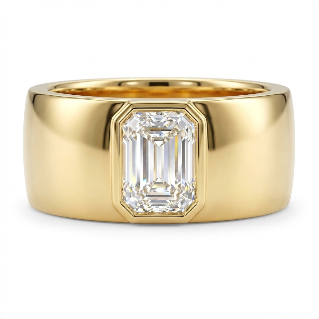 Modern Emerald Cut Diamond Bezel Set Ring in Wide Gold