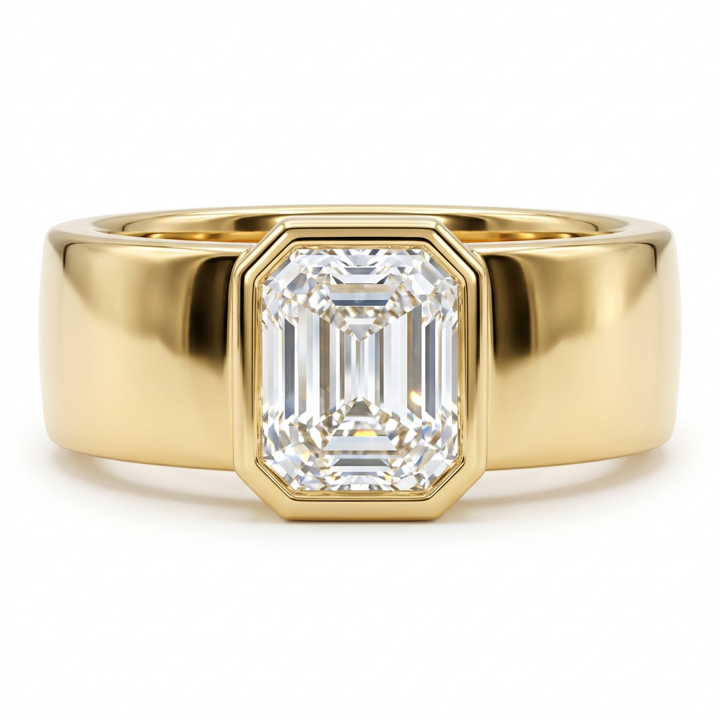 Modern Emerald Cut Diamond Bezel Set Ring in Wide Gold