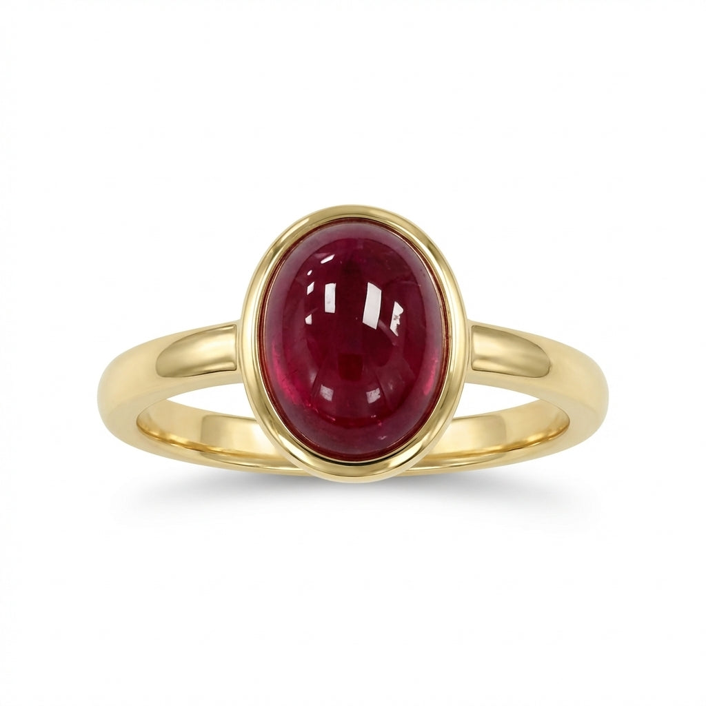 Oval Cabochon Ruby Solitaire Ring with Bezel Setting