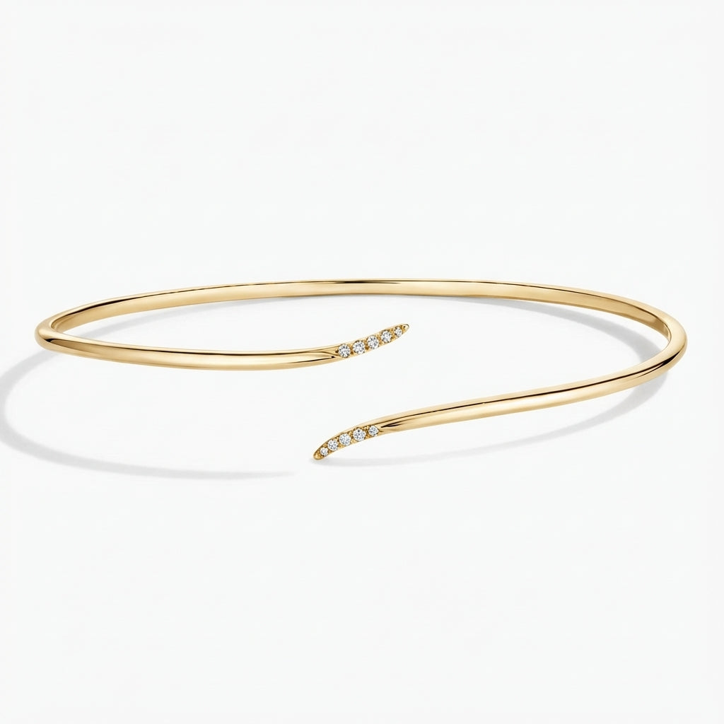 Yellow Gold Open Cuff Bangle Bracelet with Diamond-Accented Tips