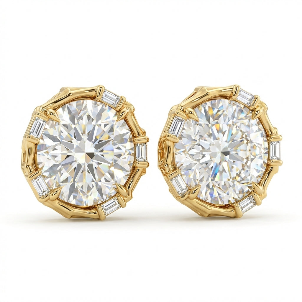 Round Brilliant & Baguette Diamond Cluster Earrings in Yellow Gold
