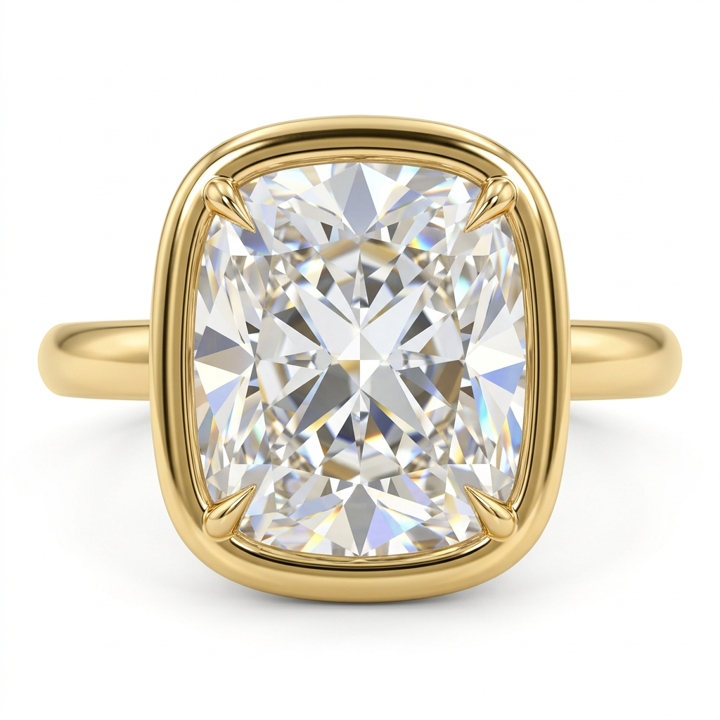 Cushion Cut Diamond Bezel Engagement Ring with Plain Gold Band