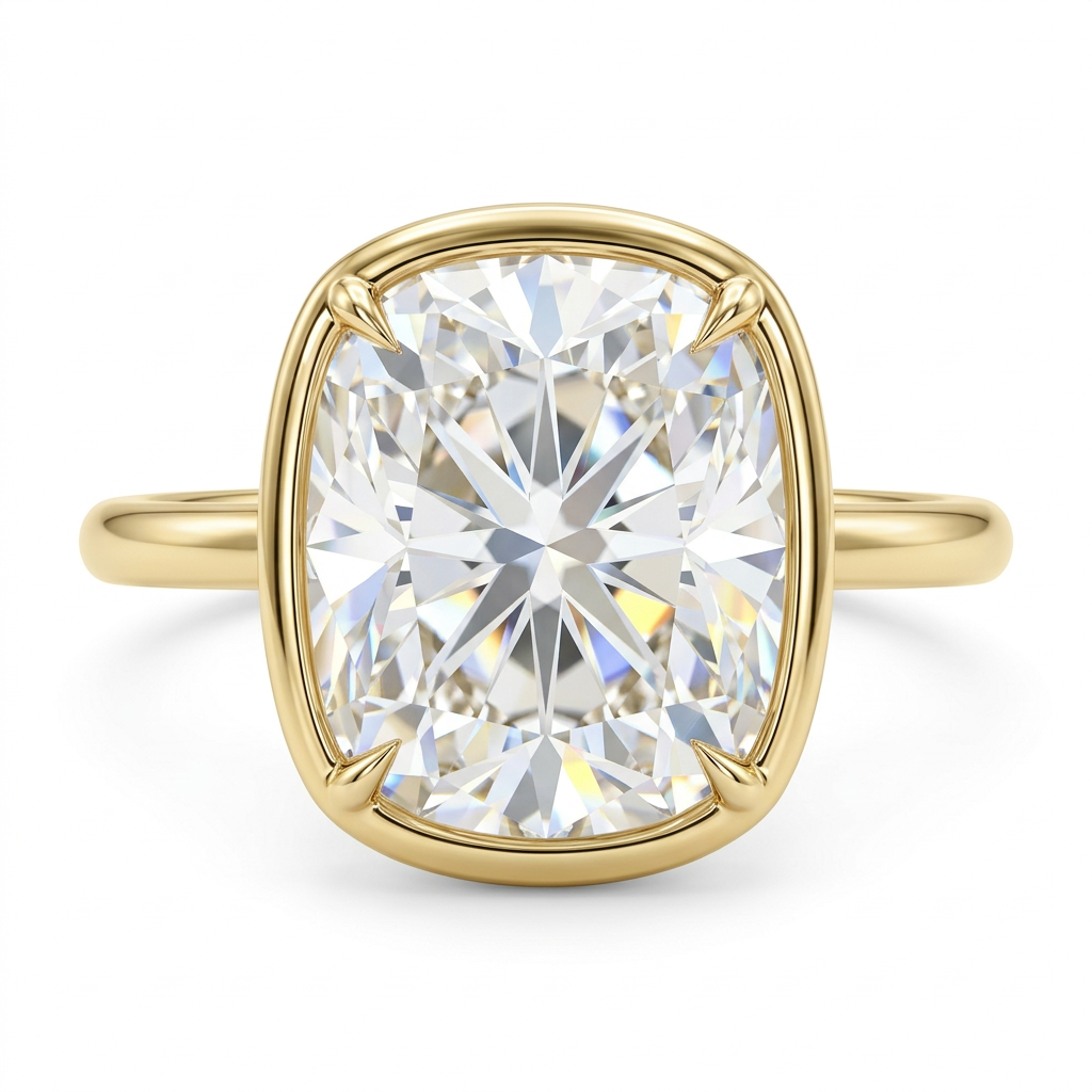Cushion Cut Diamond Bezel Engagement Ring with Plain Gold Band
