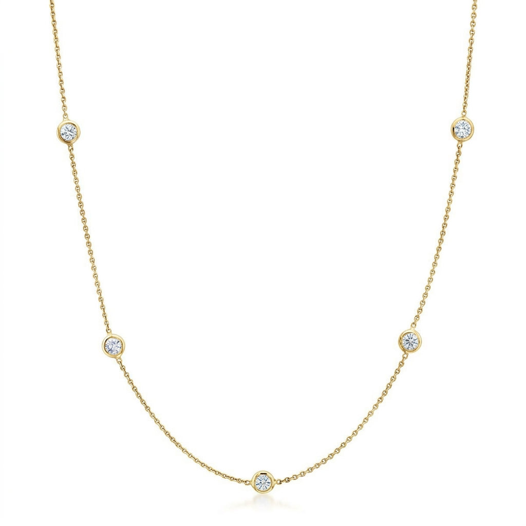 Round Brilliant Diamond Bezel Station Necklace in Gold