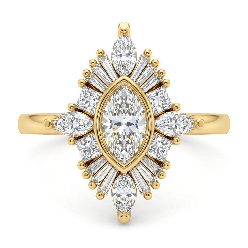 Pear Diamond Cluster Ring with Radiant Baguette Fan on Yellow Gold