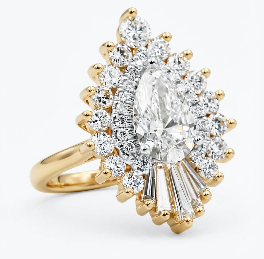 Pear Diamond Cluster Ring with Radiant Baguette Fan on Yellow Gold