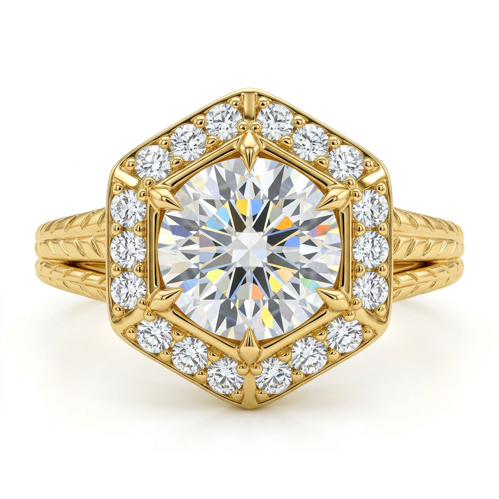 Round Brilliant Hexagonal Halo Engagement Ring with Textured Double Band