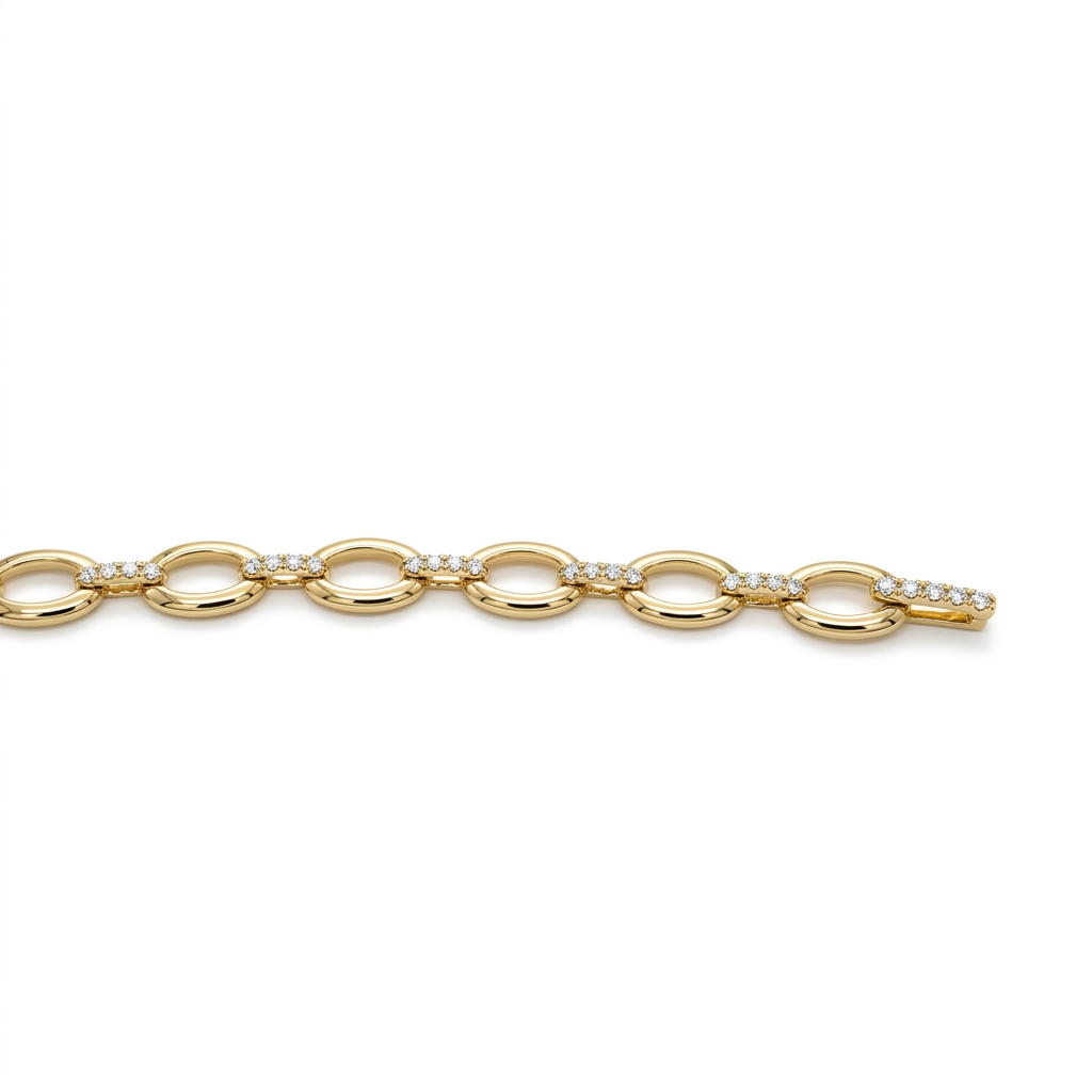 Yellow Gold Oval Link Diamond Pave Bracelet for Women