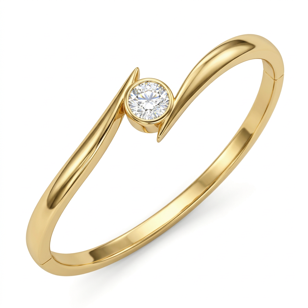 Round Diamond Bezel Set Bypass Bangle in Yellow Gold