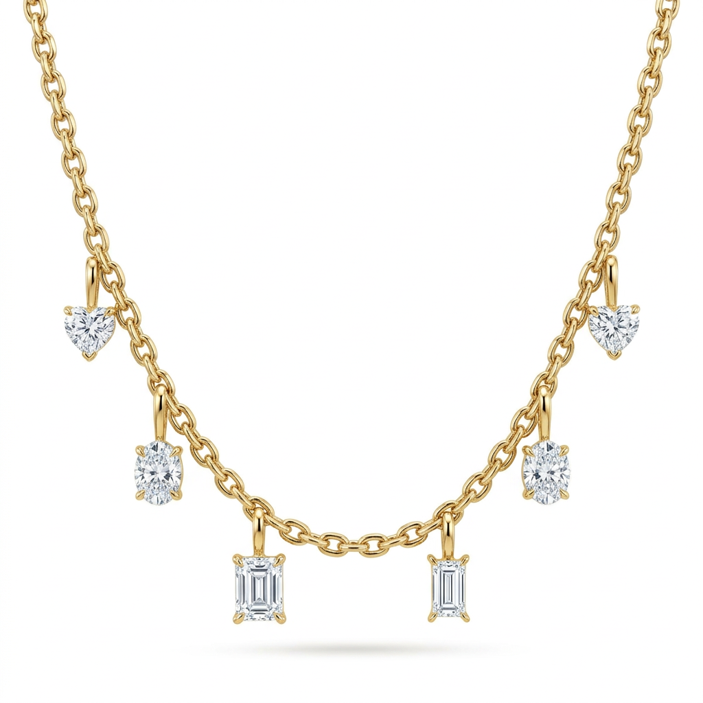 Mixed Cut Diamond Dangle Charm Necklace on a Gold Link Chain