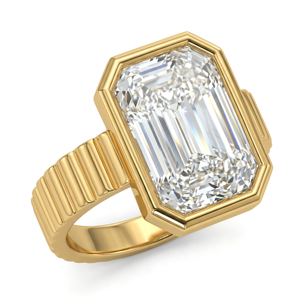 Emerald Cut Diamond Bezel Ring with Art Deco Fluted Band