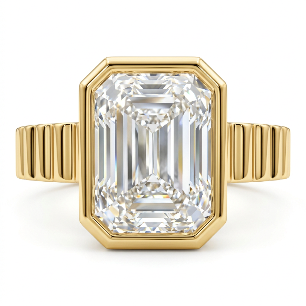 Emerald Cut Diamond Bezel Ring with Art Deco Fluted Band