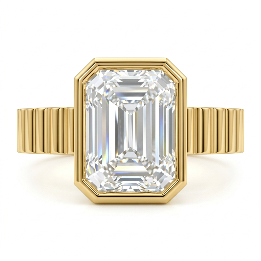 Emerald Cut Diamond Bezel Ring with Art Deco Fluted Band