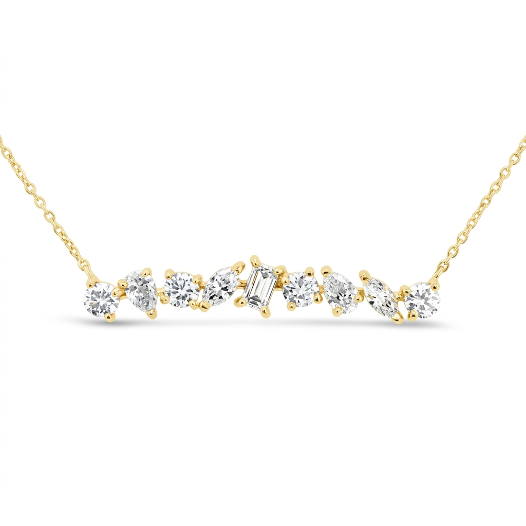 Mixed Cut Diamond Cluster Bar Necklace with Prong Setting