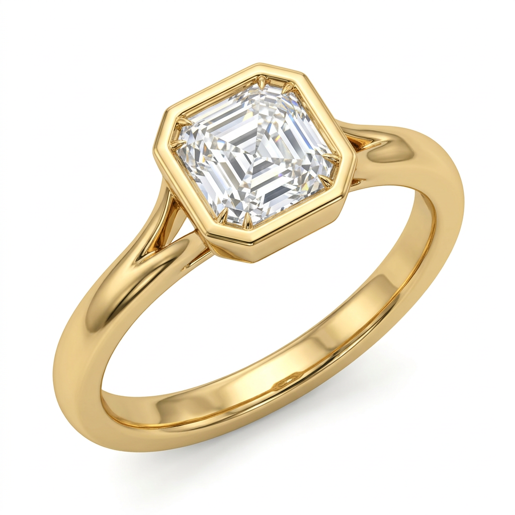Asscher Cut Diamond Octagonal Bezel Engagement Ring with Plain Split Shank