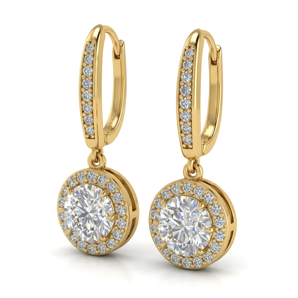 Round Brilliant Halo Diamond Drop Earrings with Pave Hoops in Yellow Gold