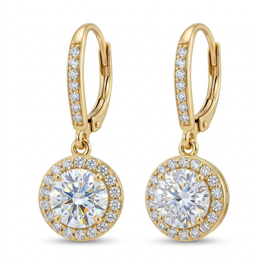 Round Brilliant Halo Diamond Drop Earrings with Pave Hoops in Yellow Gold