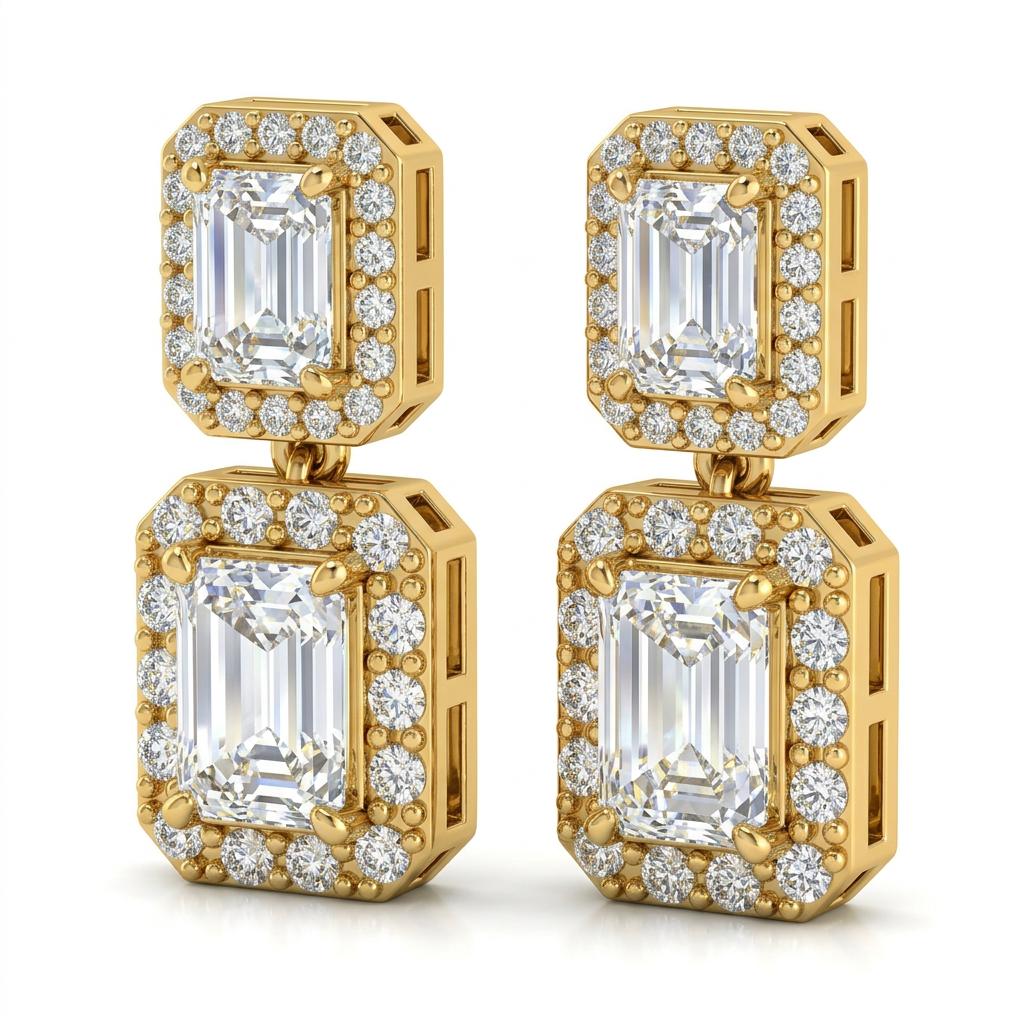 Emerald Cut Double Halo Diamond Drop Earrings in Yellow Gold