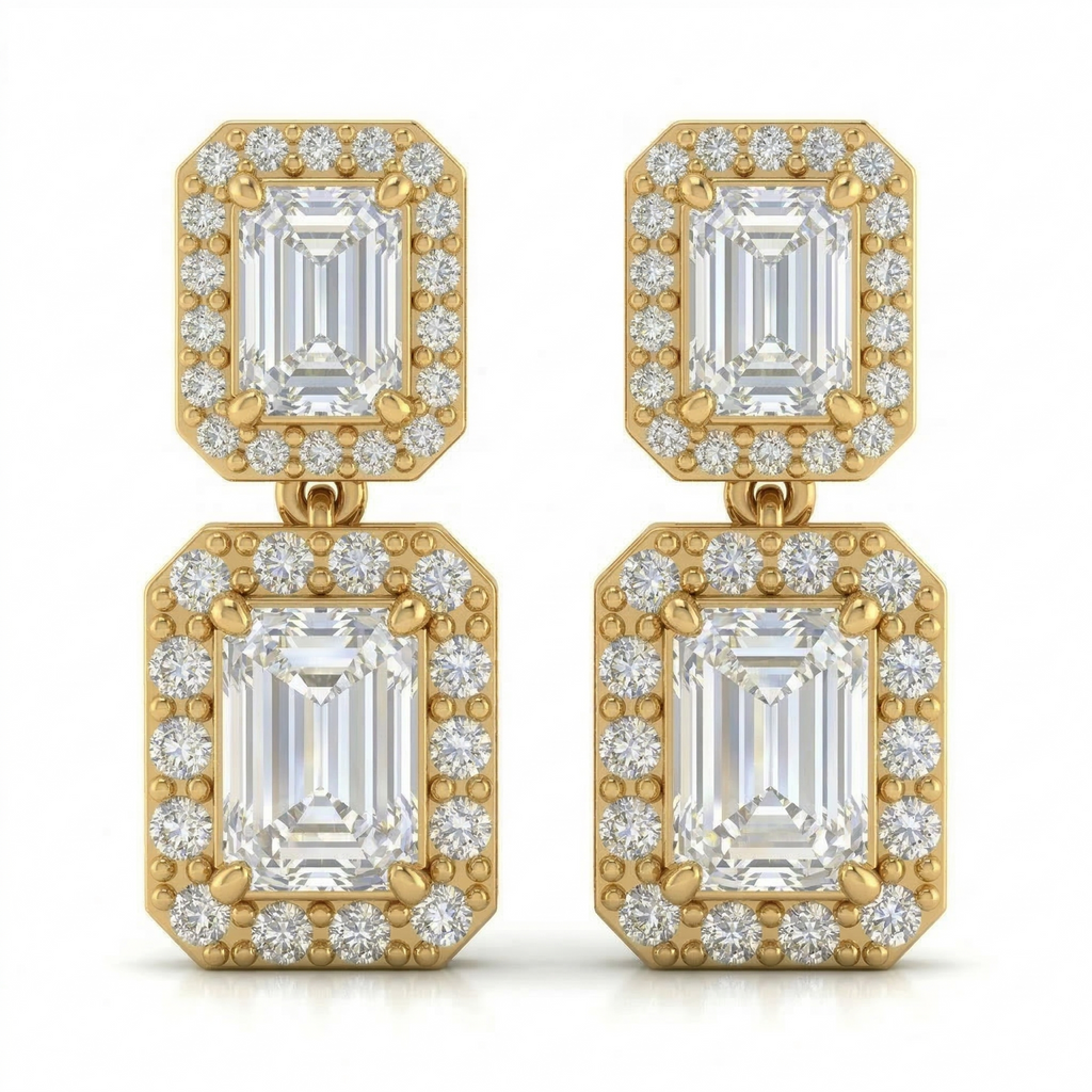 Emerald Cut Double Halo Diamond Drop Earrings in Yellow Gold