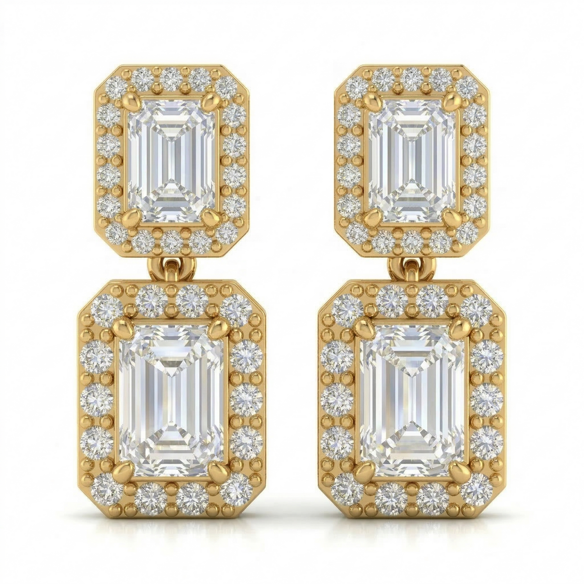 Emerald Cut Double Halo Diamond Drop Earrings in Yellow Gold