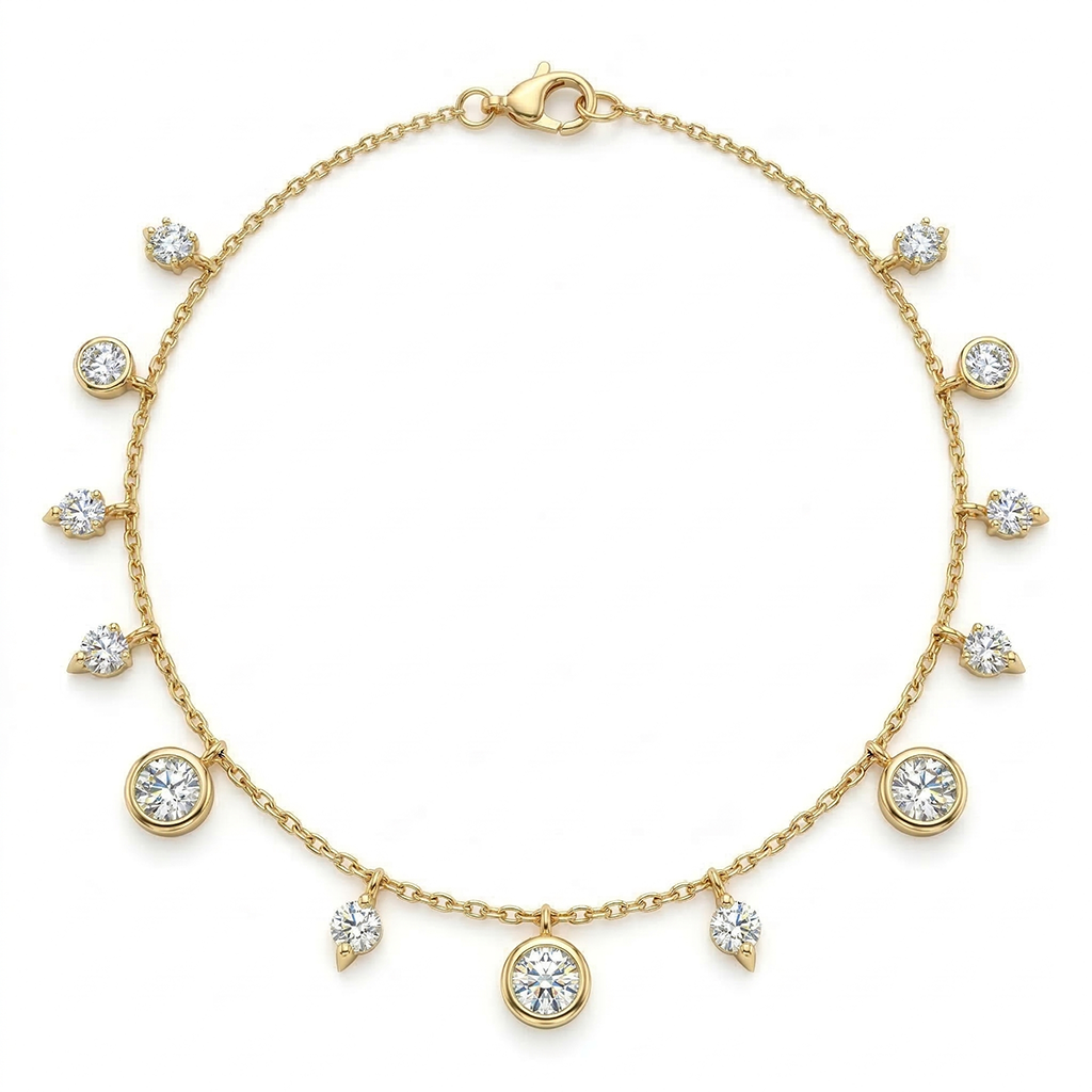 Yellow Gold Dainty Round & Marquise Diamond Dangle Charm Bracelet