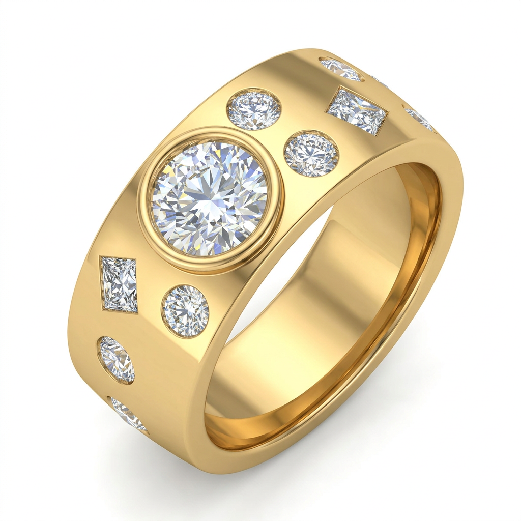 Vowari Modern Mixed-Shape Diamond Bezel Set Wide Band Ring