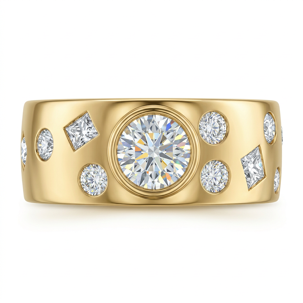 Vowari Modern Mixed-Shape Diamond Bezel Set Wide Band Ring